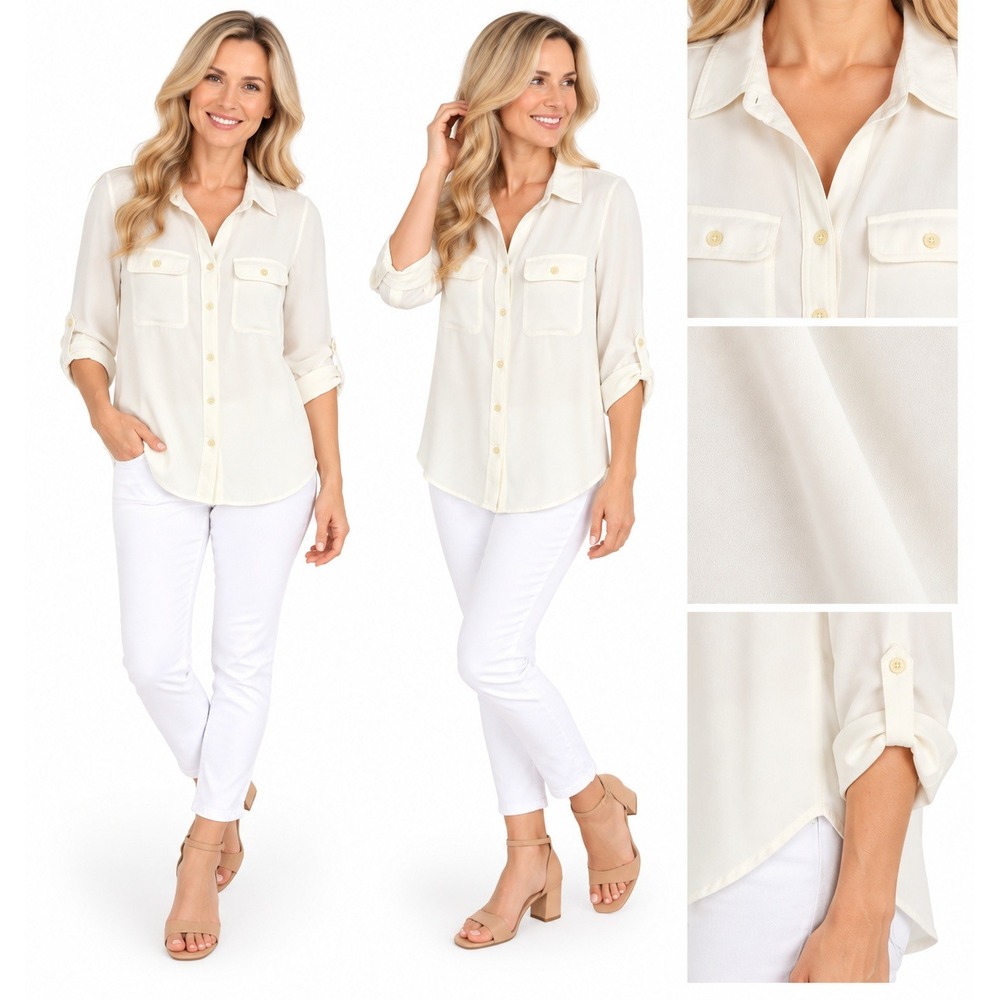 LOFT Blouse XS Ivory Utility Button Up Roll Tab Sleeve Neutral Lightweight